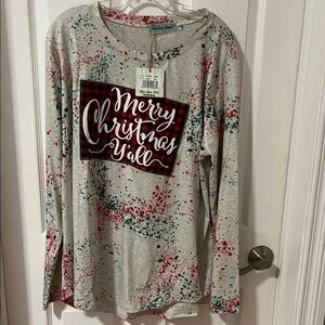 NWT Southern Grace Christmas Splatter Long Sleeve Top - Red, Green, White.